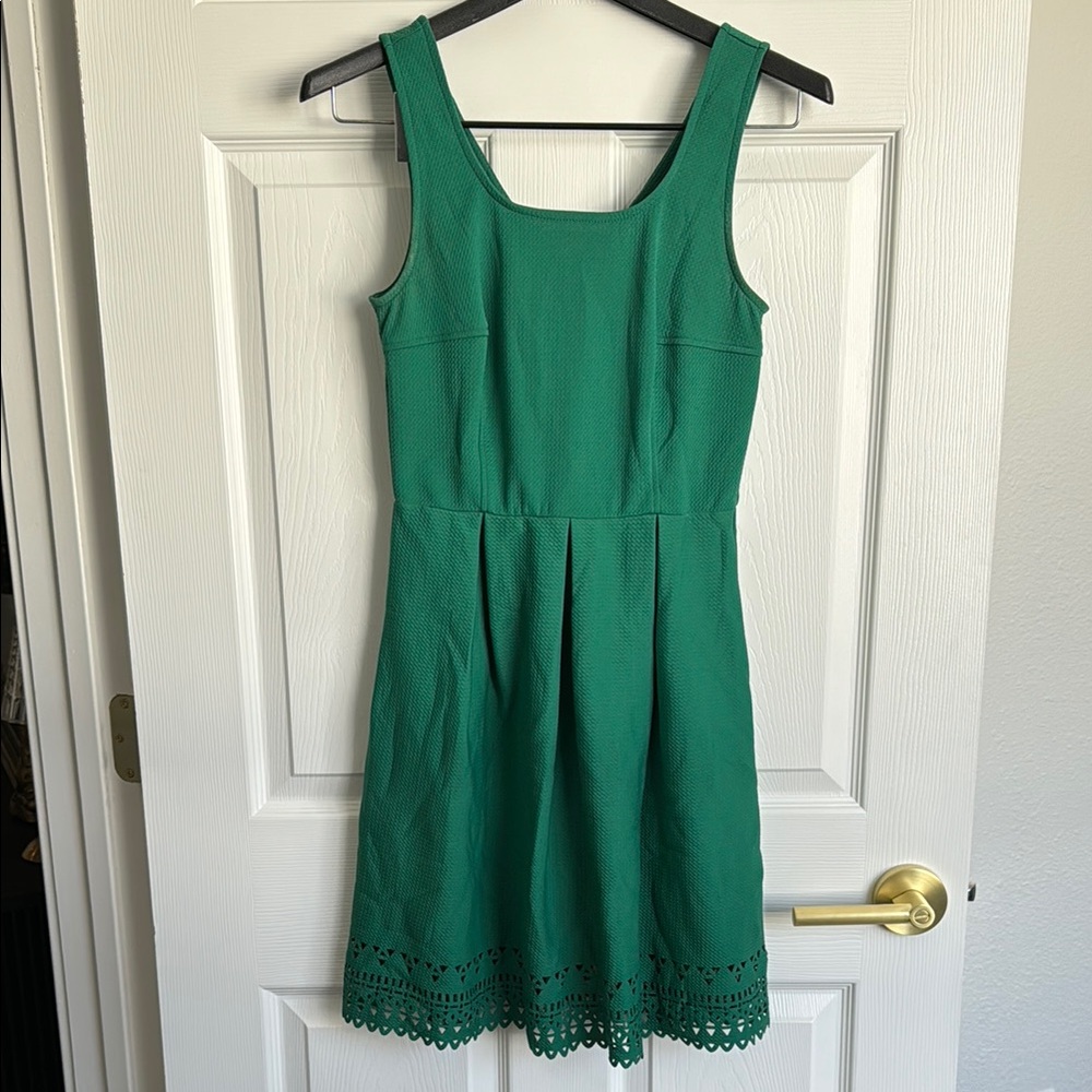Green Teal Fit and Flare Sleeveless Mini Dress w Laser Cutout Hem